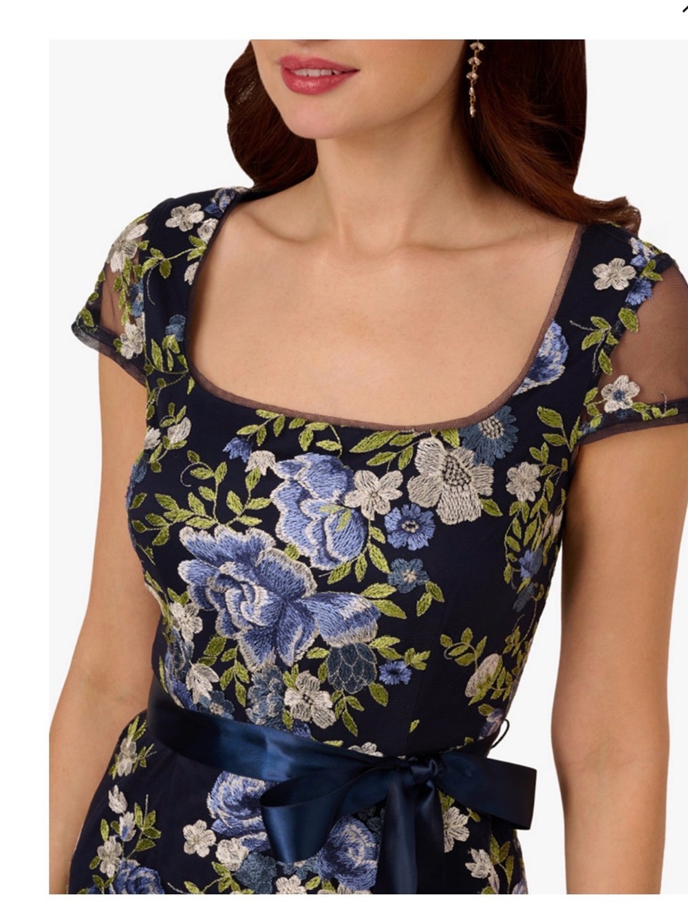 Adrianna Papell Navy Floral Square-Neck Maxi formal size 14 - Picture 3 of 7